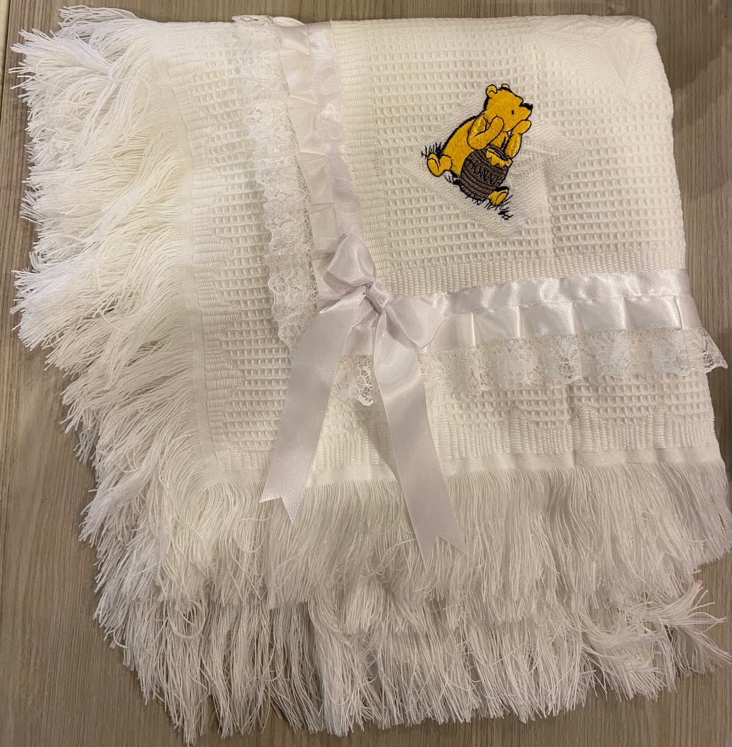 Dandelion Large White Shawl Embroidered with Honey Bear Ribbon an Lace