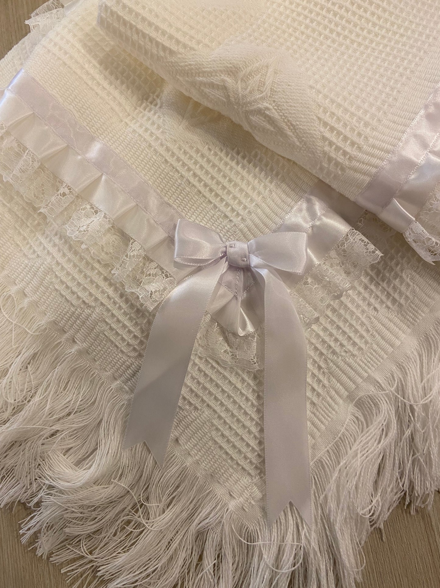 Dandelion Large White Shawl Embroidered with Honey Bear Ribbon an Lace