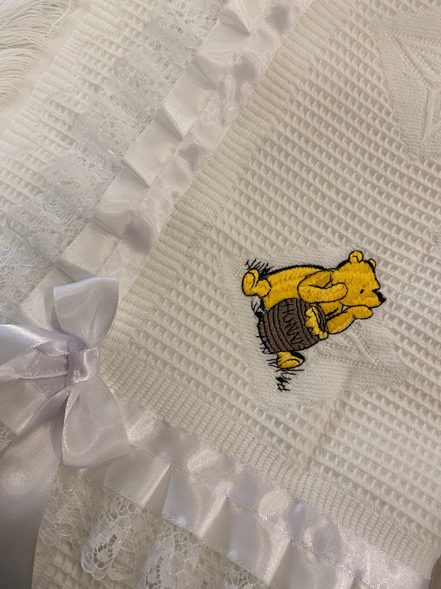Dandelion Large White Shawl Embroidered with Honey Bear Ribbon an Lace