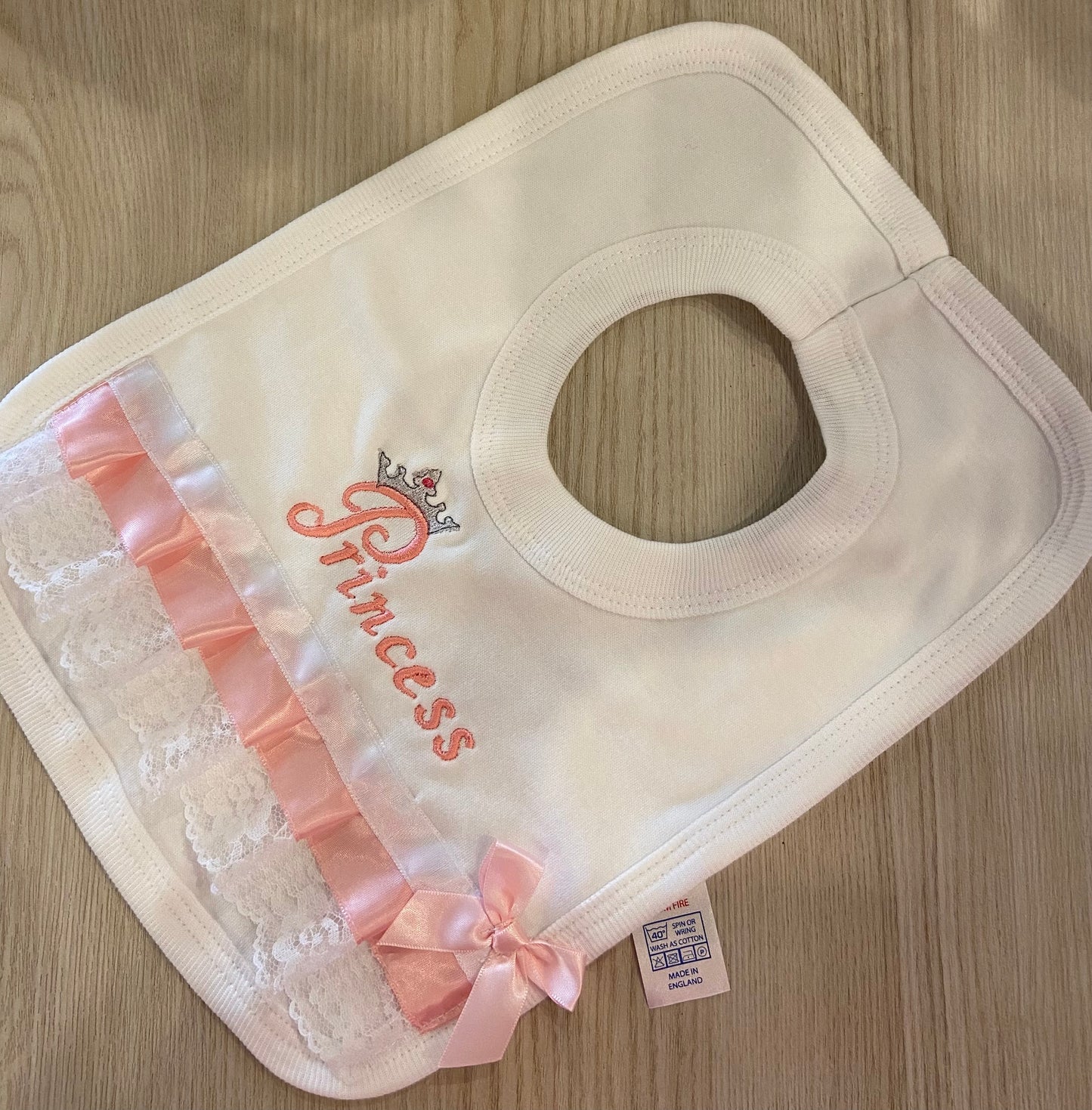 Princess Embroidered Lace Bib matching Faux Fur Pom Pom Hat 0-3 months