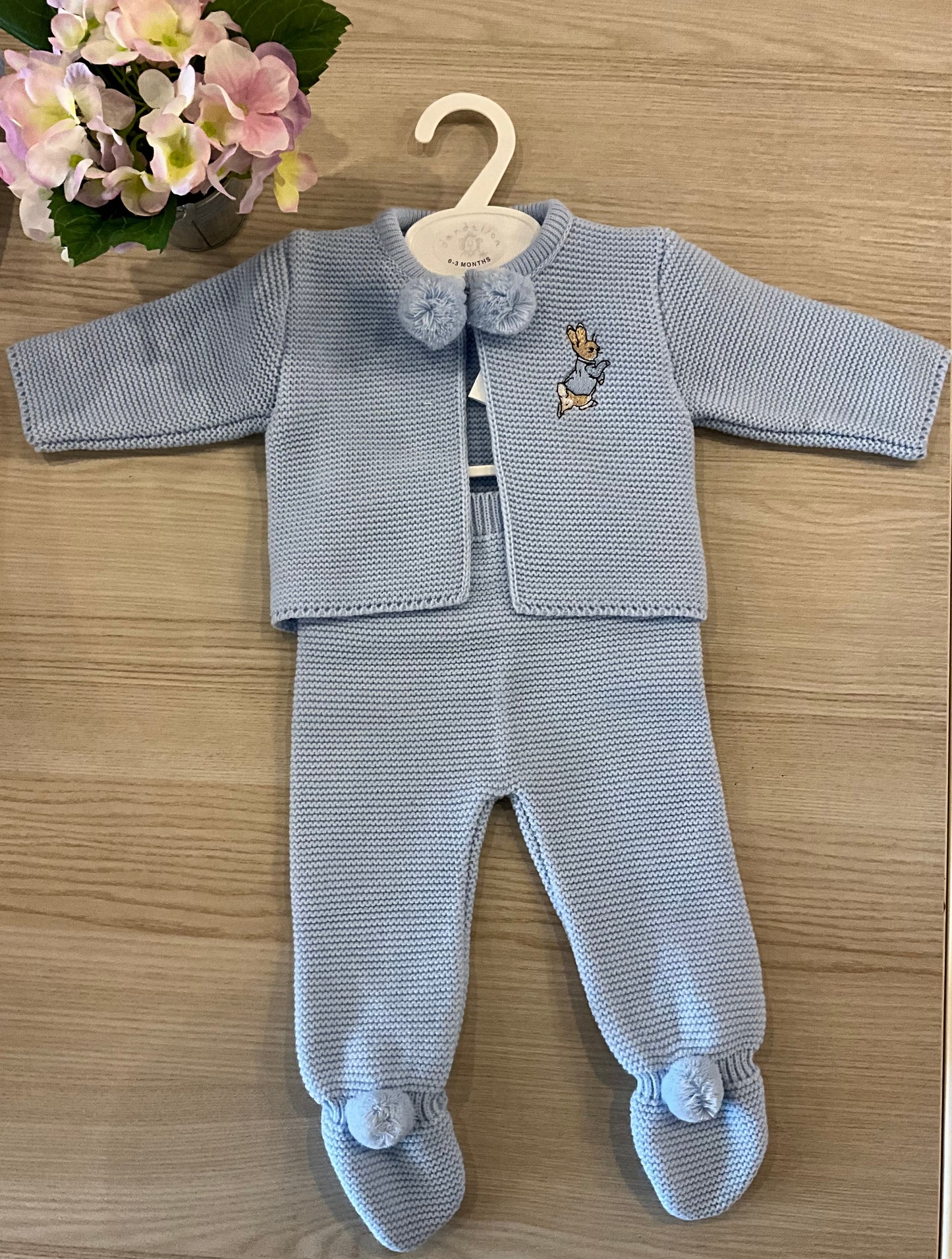 Dandelion Knitted Blue Pom Pom Two Piece with Rabbit Embroidered