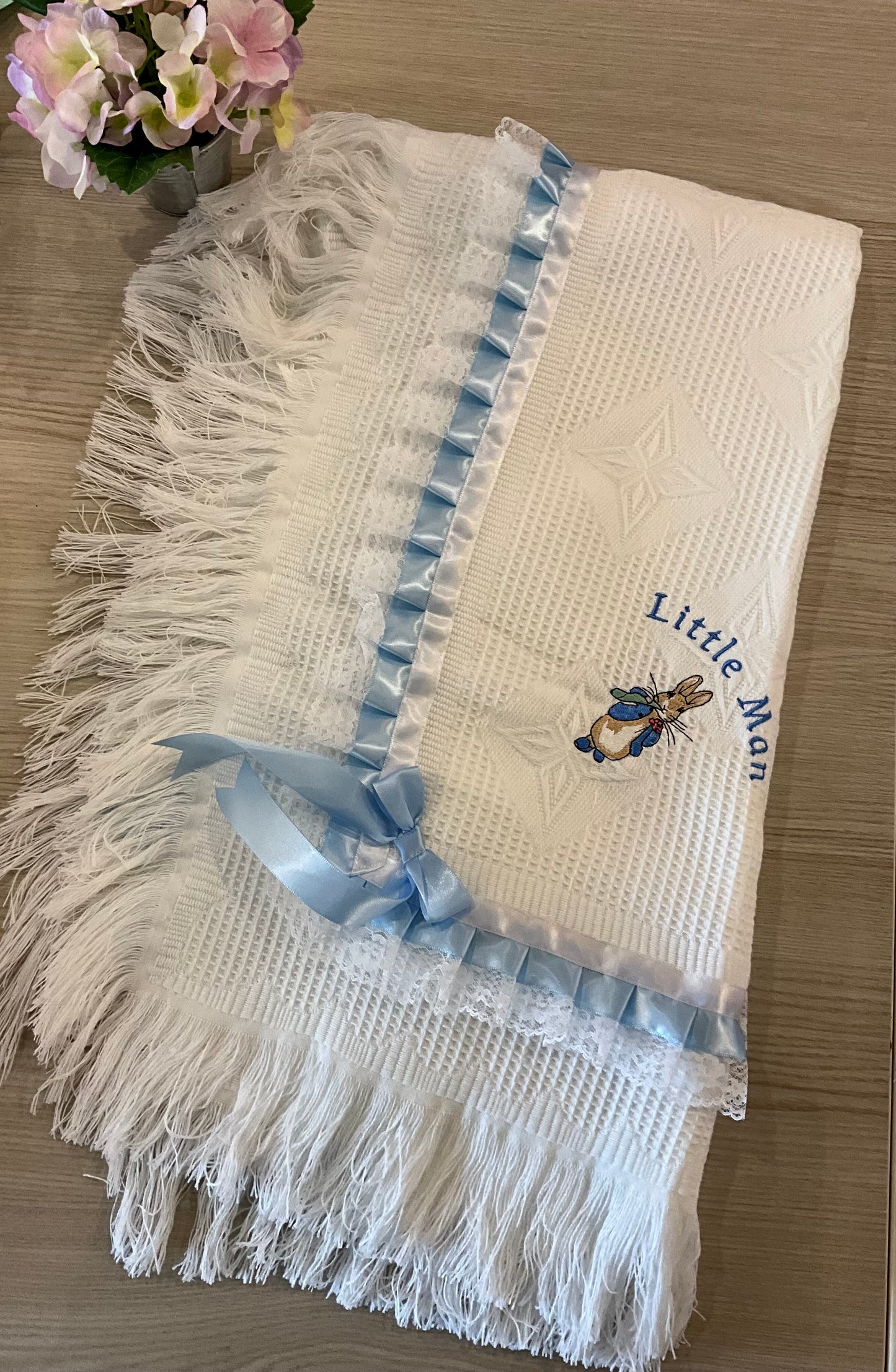 Beautiful Large Fringe Shawl with Little Man Rabbit Embroidery