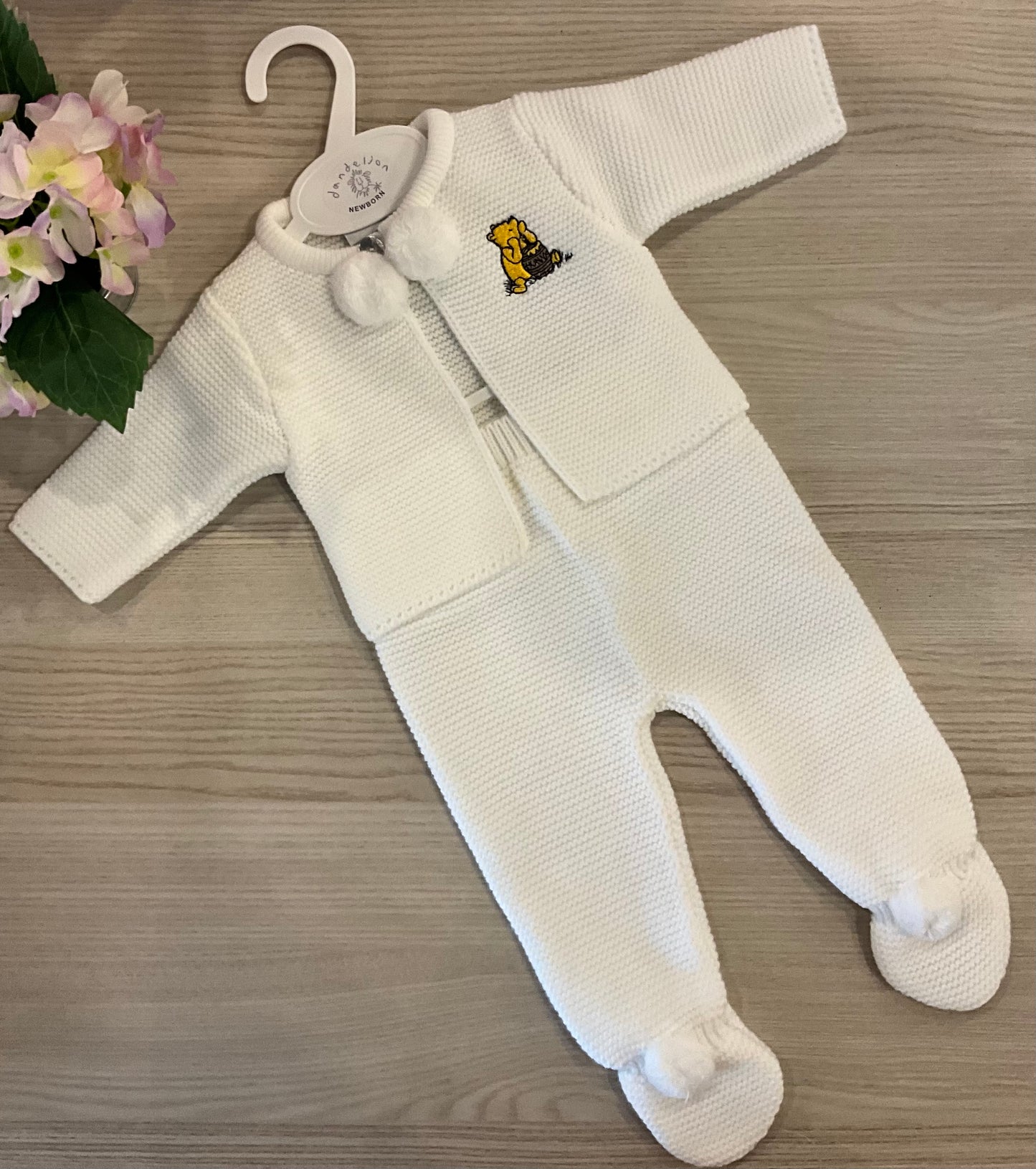 Dandelion Knitted White Two Piece Pom Pom set with Embroidered Honey Bear