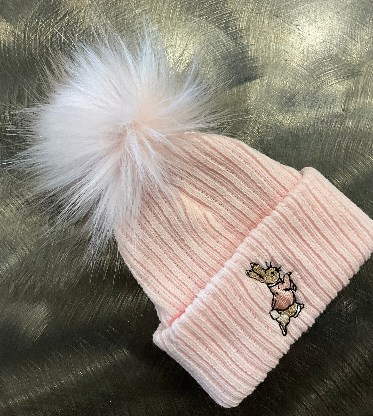 Pom Pom Hat Embroidered with Rabbit Large Faux Fur Pom Pom 0-3 months
