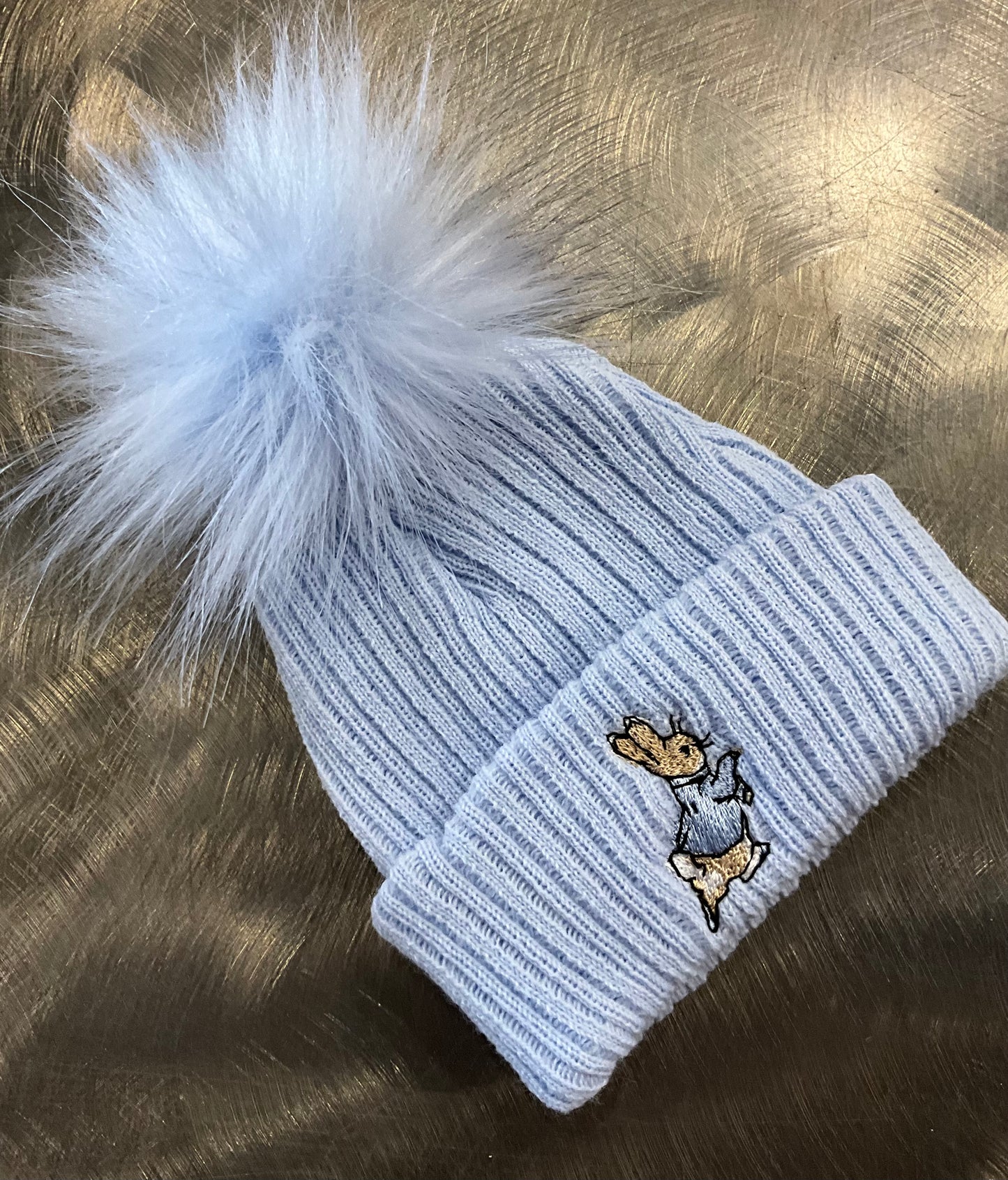 Embroidered Rabbit Hat with Large Faux Fur Pom Pom First Size