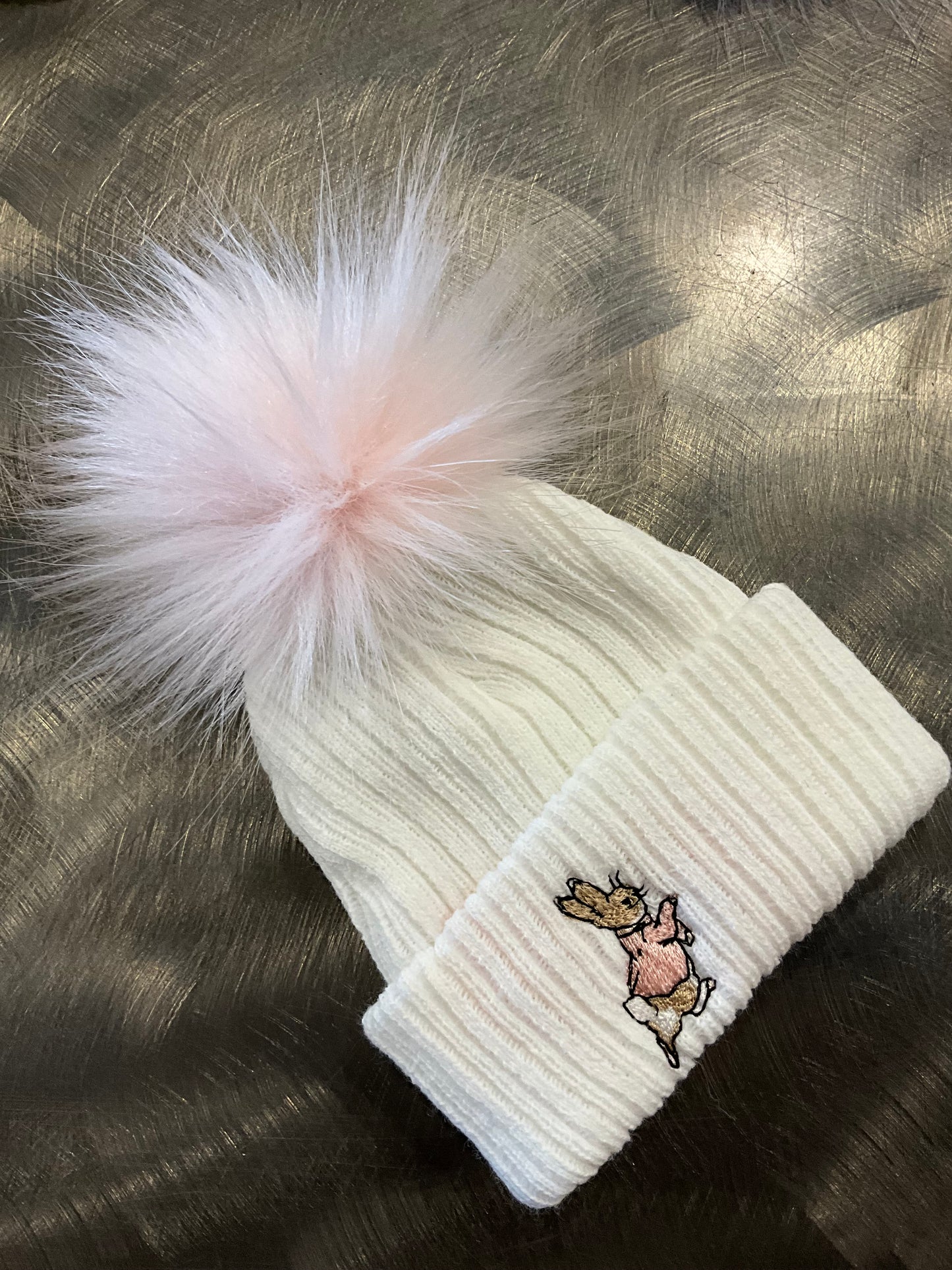 Pom Pom Hat Embroidered with Rabbit Large Faux Fur Pom Pom 0-3 months