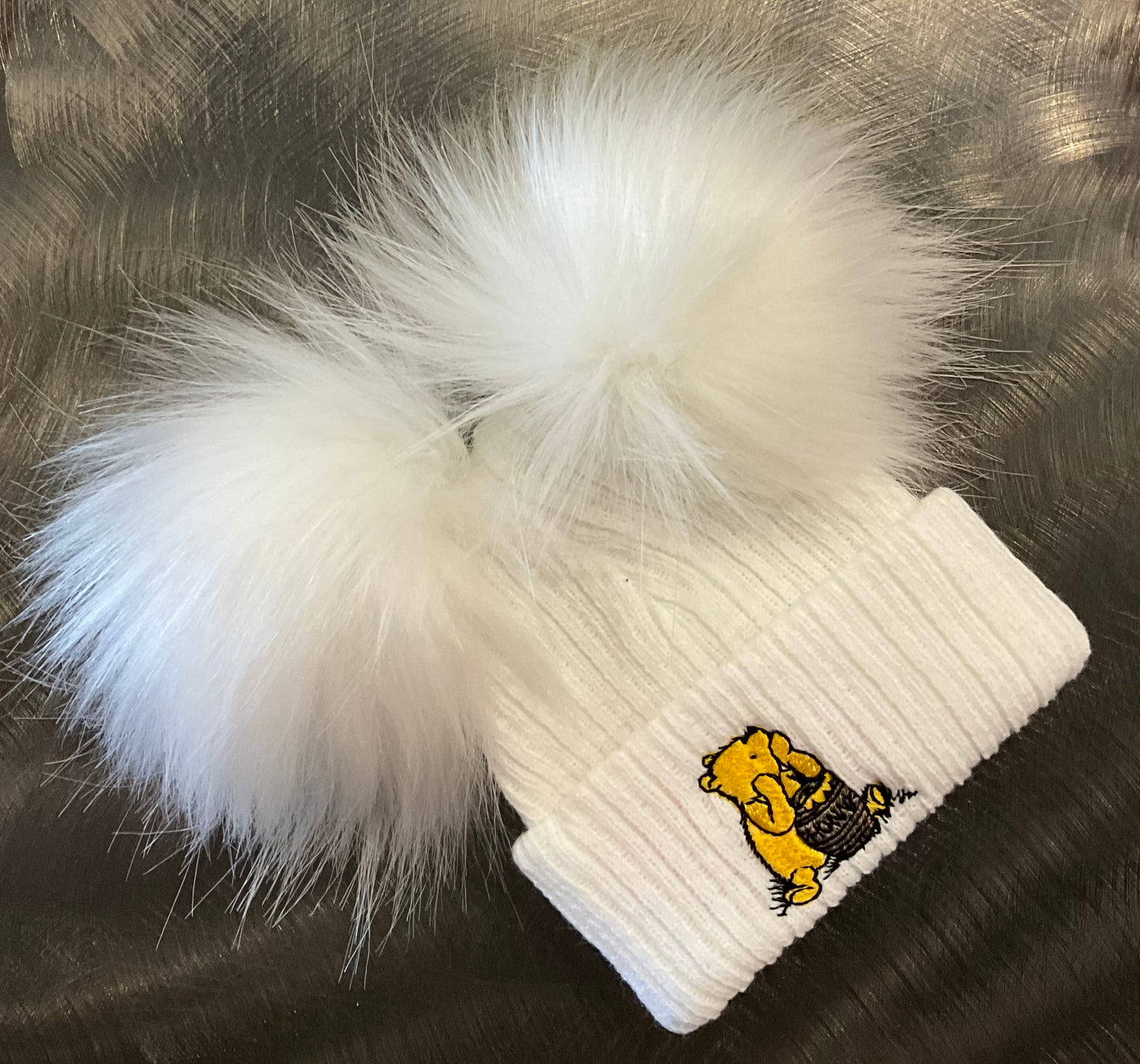 Baby Hat Embroidered Pooh Bear Large Faux Fur Pom Poms 0-3 months