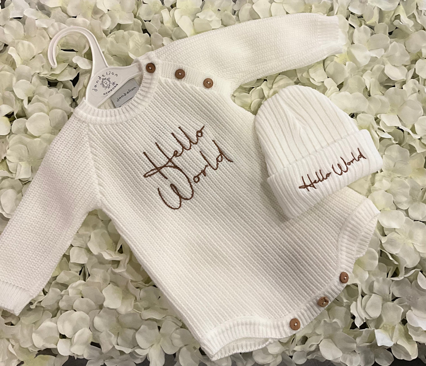 Dandelion Knitted Romper Embroidered Hello World with matching beanie hat