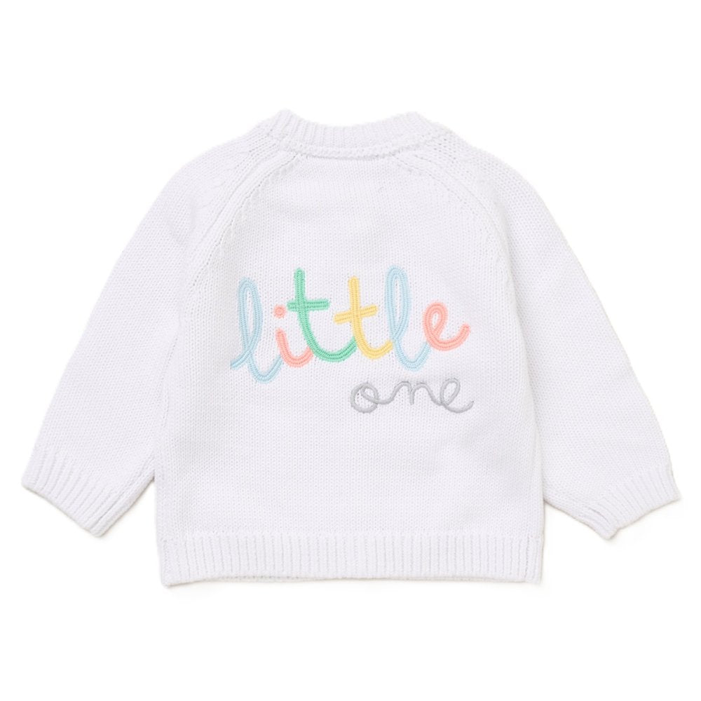 Rock a Bye Baby Boutique White knit Cardigan with Embroidered Little One on back