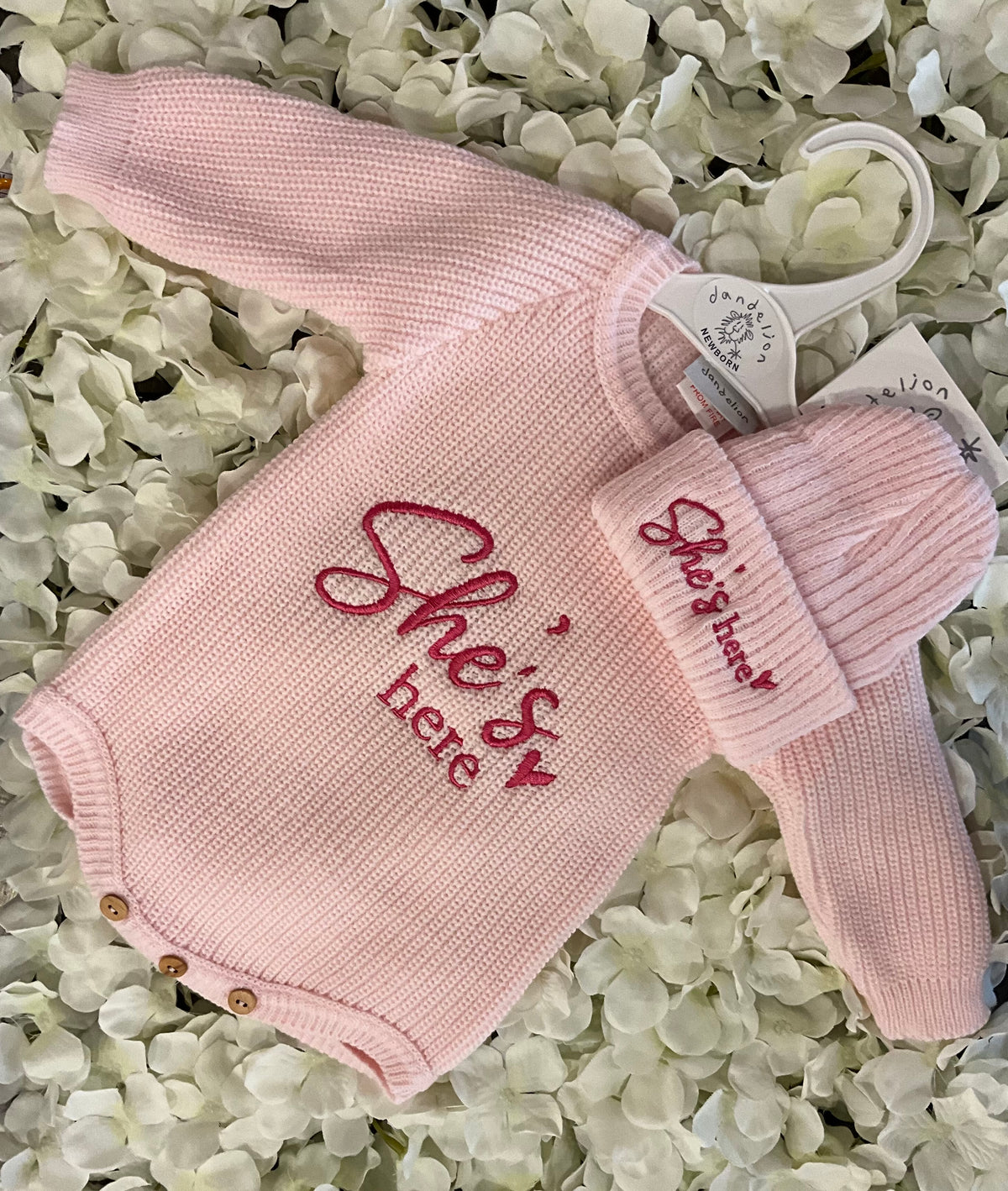 Dandelion Knitted Romper Embroidered She’s Here with matching Hat