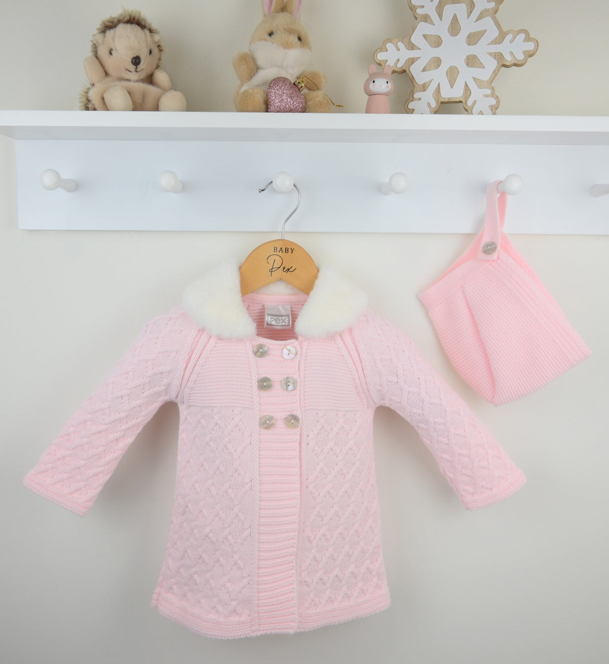 Pex Knitted Pink Matinee Spanish Style Cardigan Jacket with Matching Bonnet and Fury Collar
