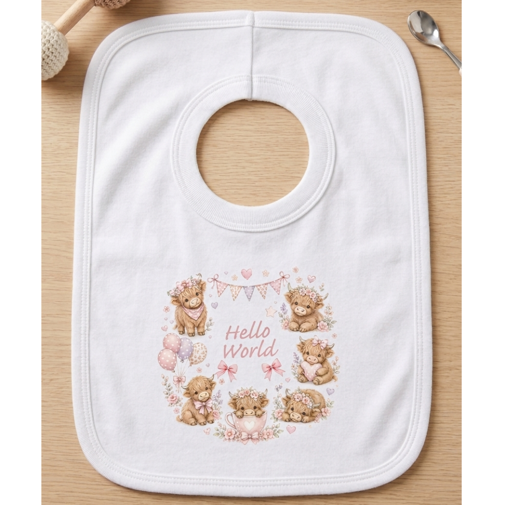Hello World Highland Cow Printed Cotton Bib Pink or Blue