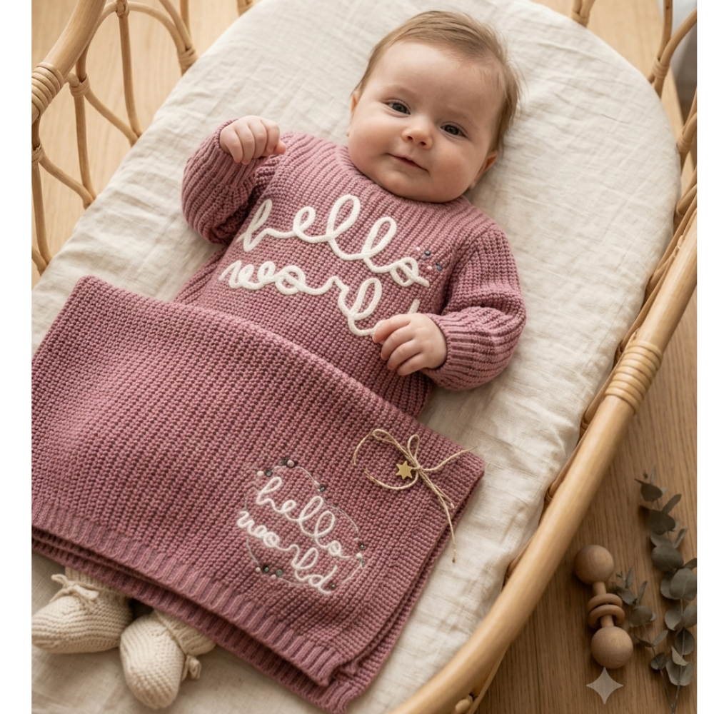Rock a Bye Baby Embroidered Hello World Jumper and Blanket in Gift Box