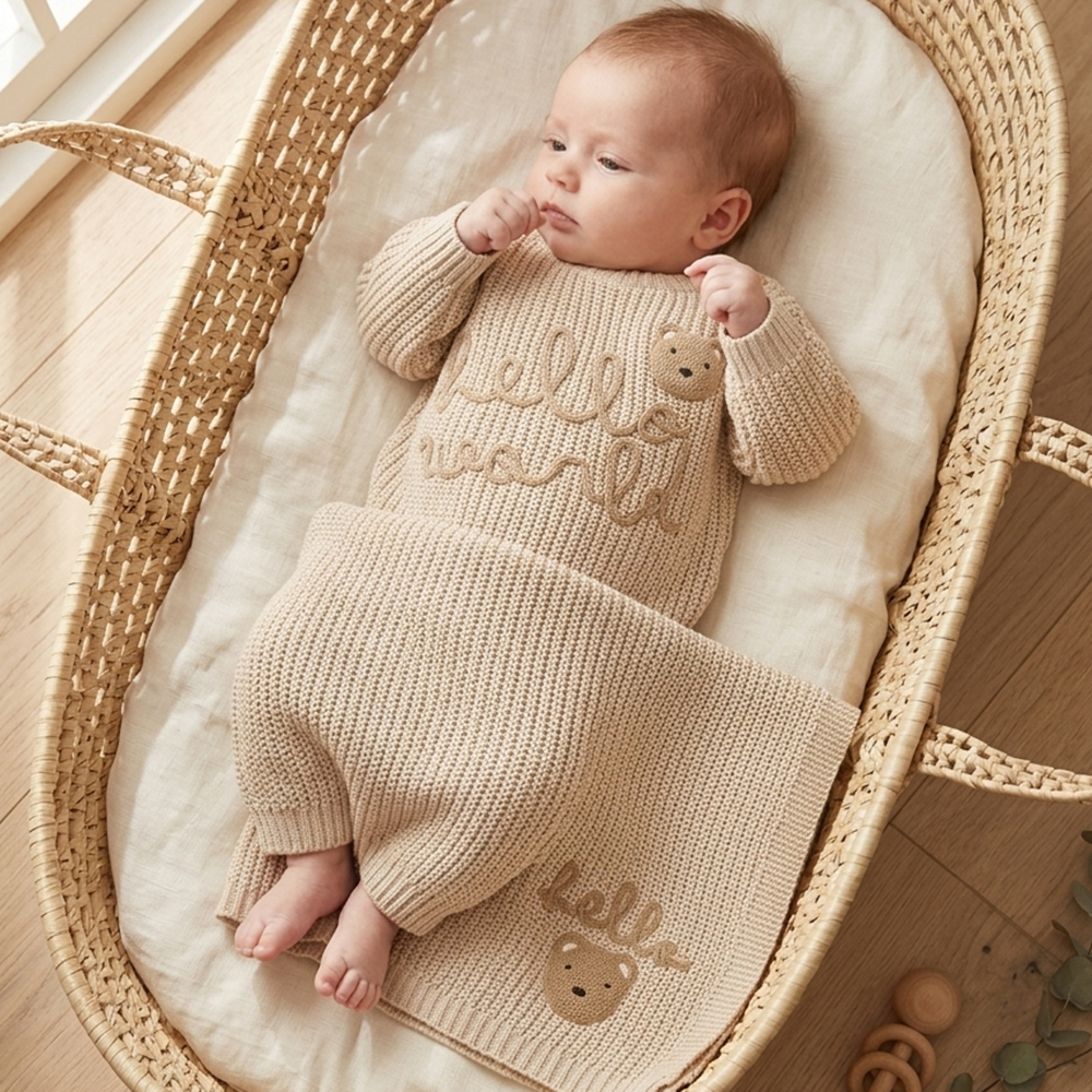 Rock a Bye Baby Embroidered Hello World Unisex Matching Jumper and Blanket in Gift Box