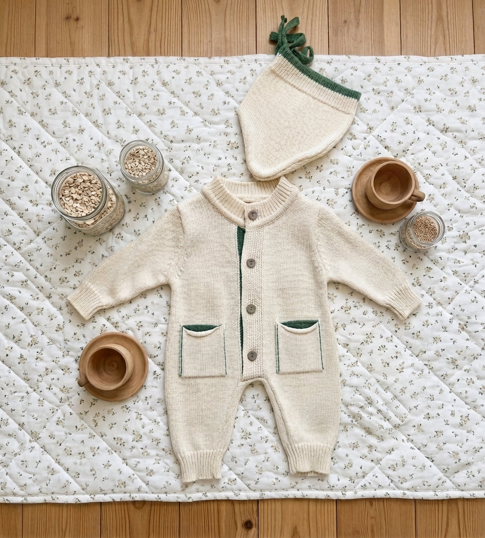 Sevva Knitted Romper with Dinosaur and Matching Bonnet