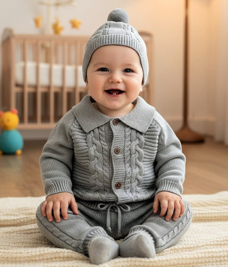 Sevva Grey Knitted 3 Piece Hat, Cardigan, Trouser Set