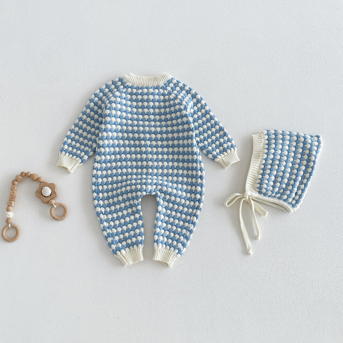 Sevva Blue Cream Vintage Knit Romper with Matching Bonnet