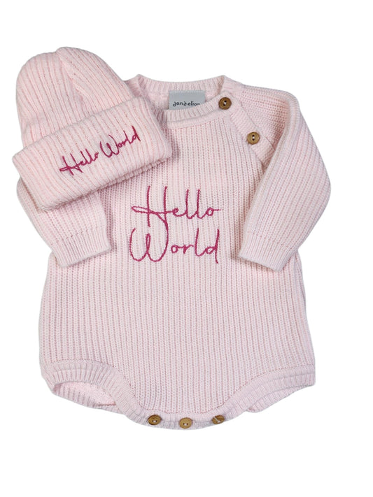 Dandelion Knitted Romper Hello World Embroidered with Matching Hat