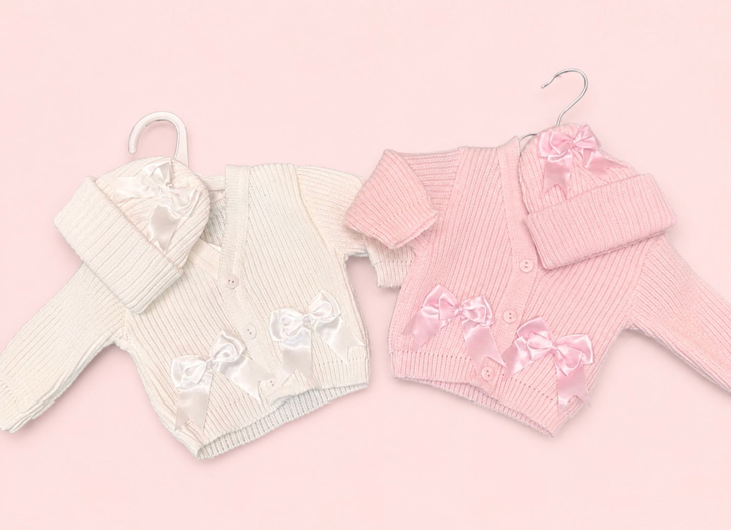 Dandelion Bow Cardigan with Matching Bow Hat White or Pink