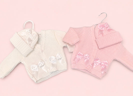 Dandelion Bow Cardigan with Matching Bow Hat White or Pink