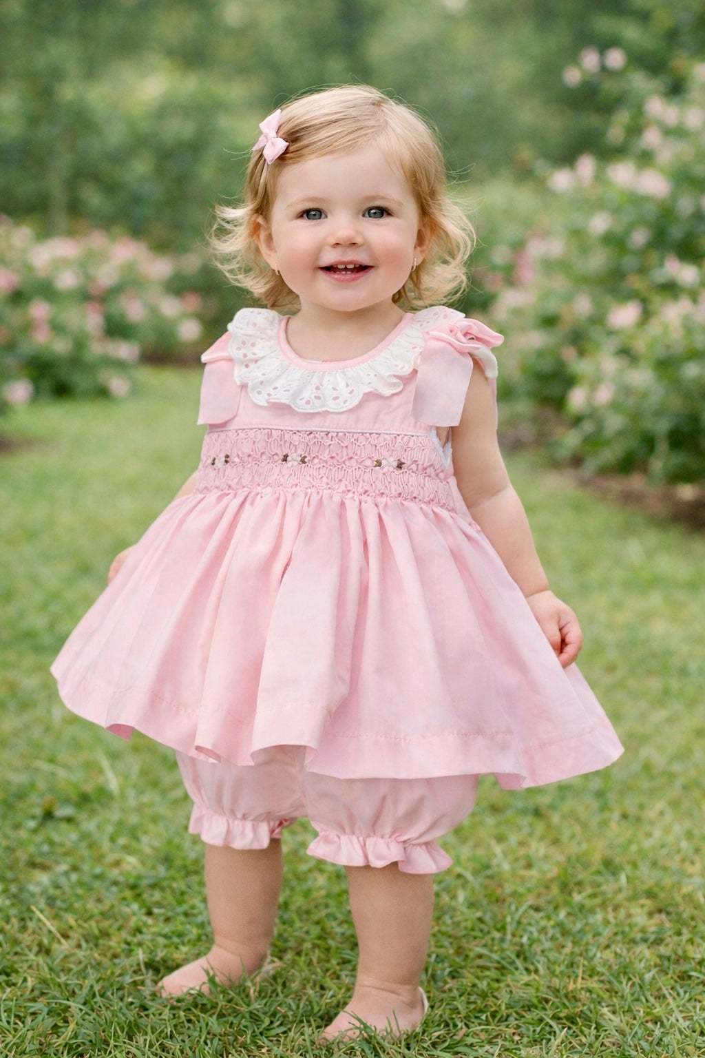 Wee Me Pink Girls Smocked Embroidered Dress with matching Pants