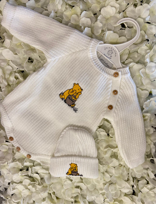 Dandelion Knitted Romper Embroidered with Winnie the Pooh with matching Beanie Hat