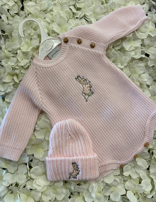 Dandelion Knitted Romper Embroidered with Peter Rabbit with Matching Hat
