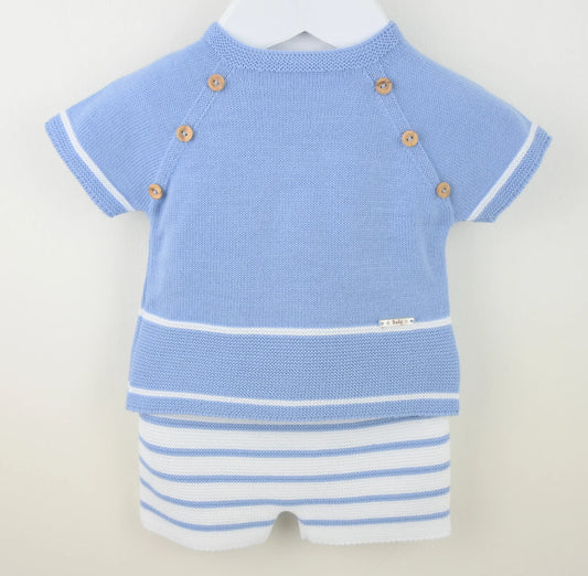 Pex Dusky Blue/White Knitted Short Set