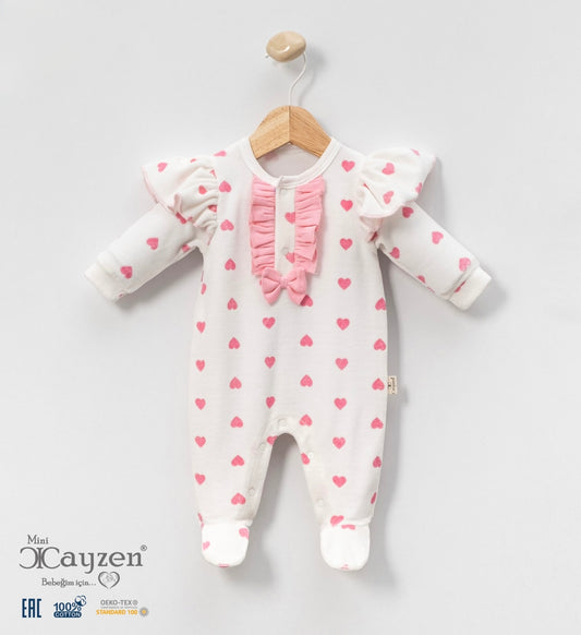 Mini Cayzen Velour Frill Heart Print All in One
