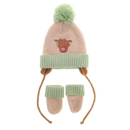 Ziggle Baby Highland Cow Pom Pom Hat and Mitt Set