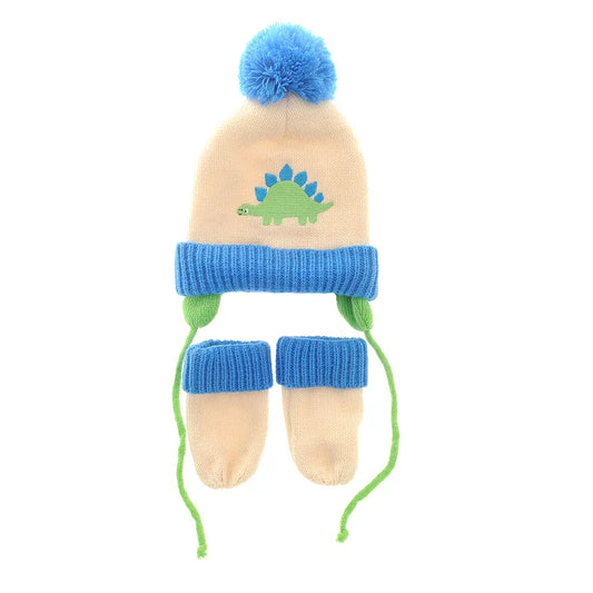 Ziggle Baby Dinosaur Knitted Pom Pom Hat and matching Mitts Set