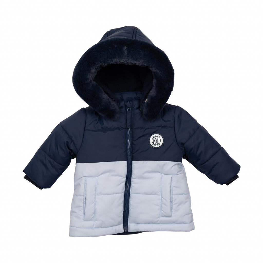 Mintini Boys Blue Navy Faux Fur Trim Hooded Jacket