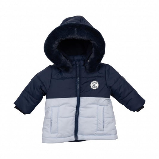 Mintini Boys Blue Navy Faux Fur Trim Hooded Jacket