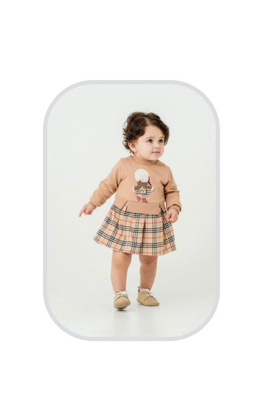 Moonstar Beige Check Dress with Appliqué Girl Design