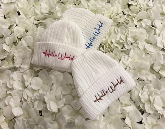 Hello World Embroidered Baby Beanie Hat First Size Newborn