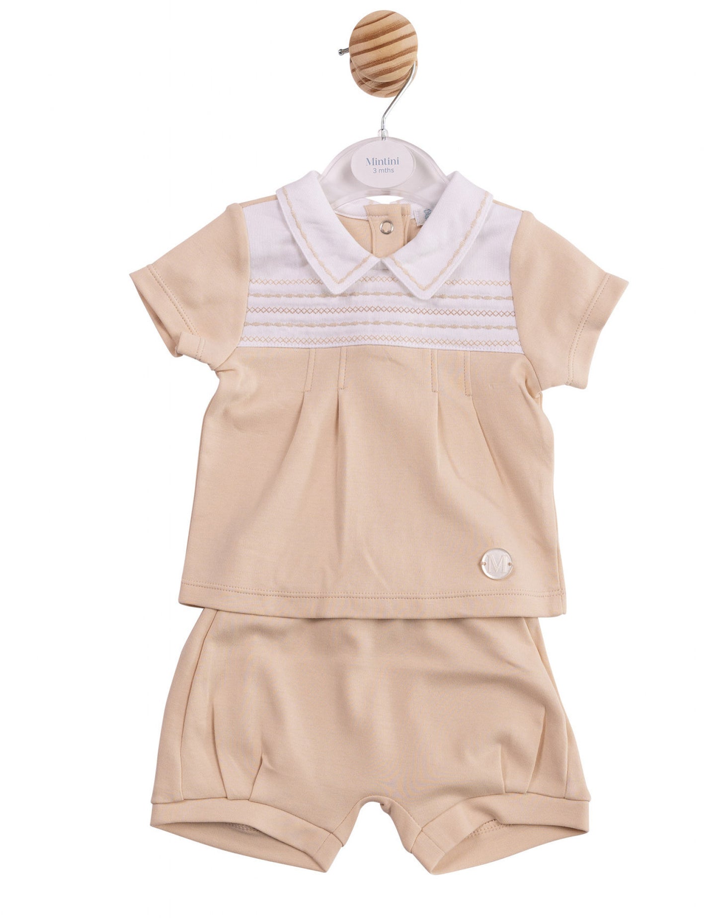 Mintini Boys Embroidered Panel Two Piece Beige Short Set