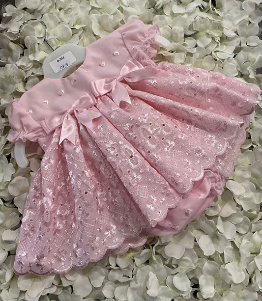 Baby Embroidery Anglaise Pink Dress with Bows and Matching Pants