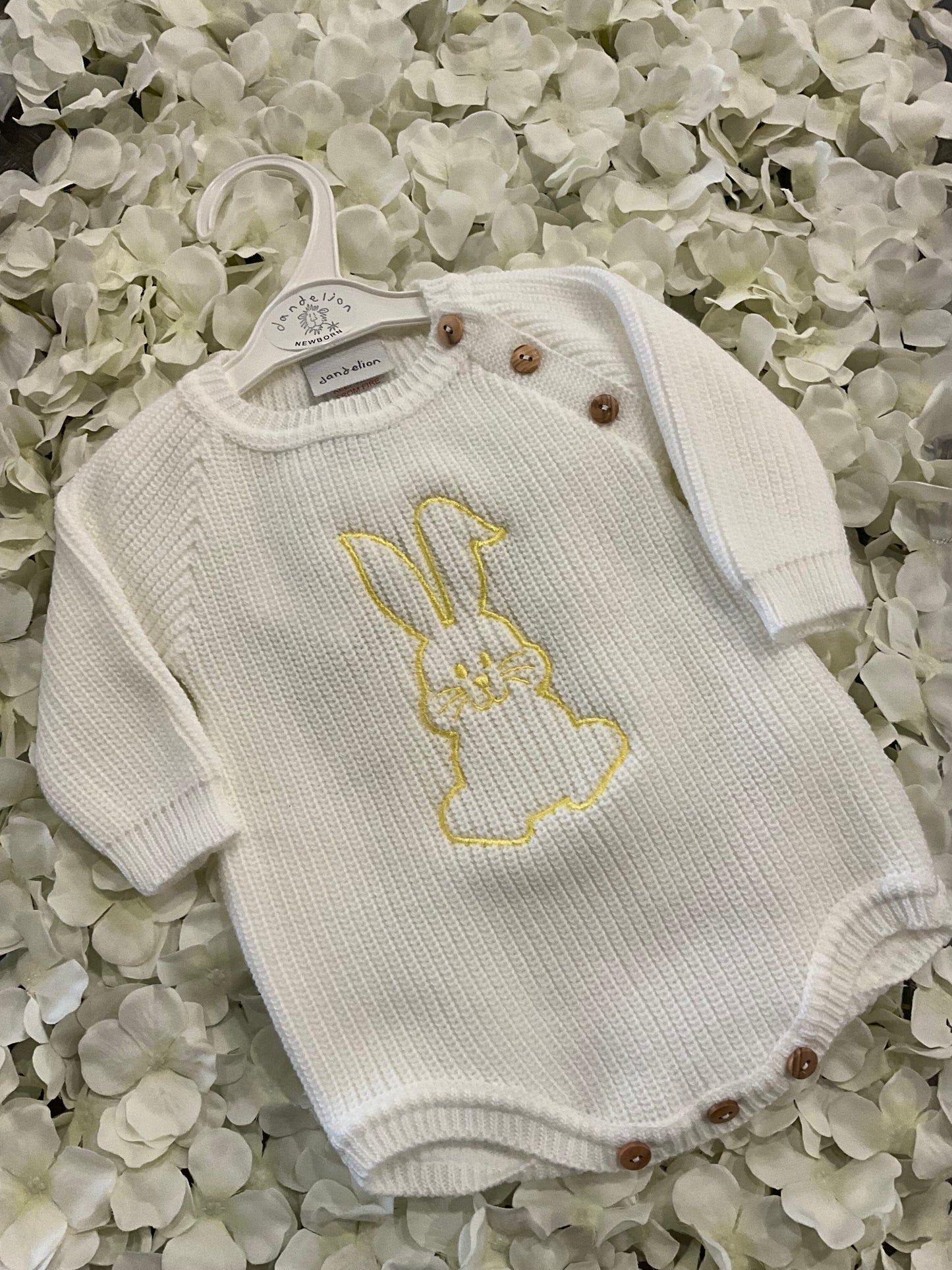 Dandelion Knitted Romper with Embroidered Bunny on Back and Front