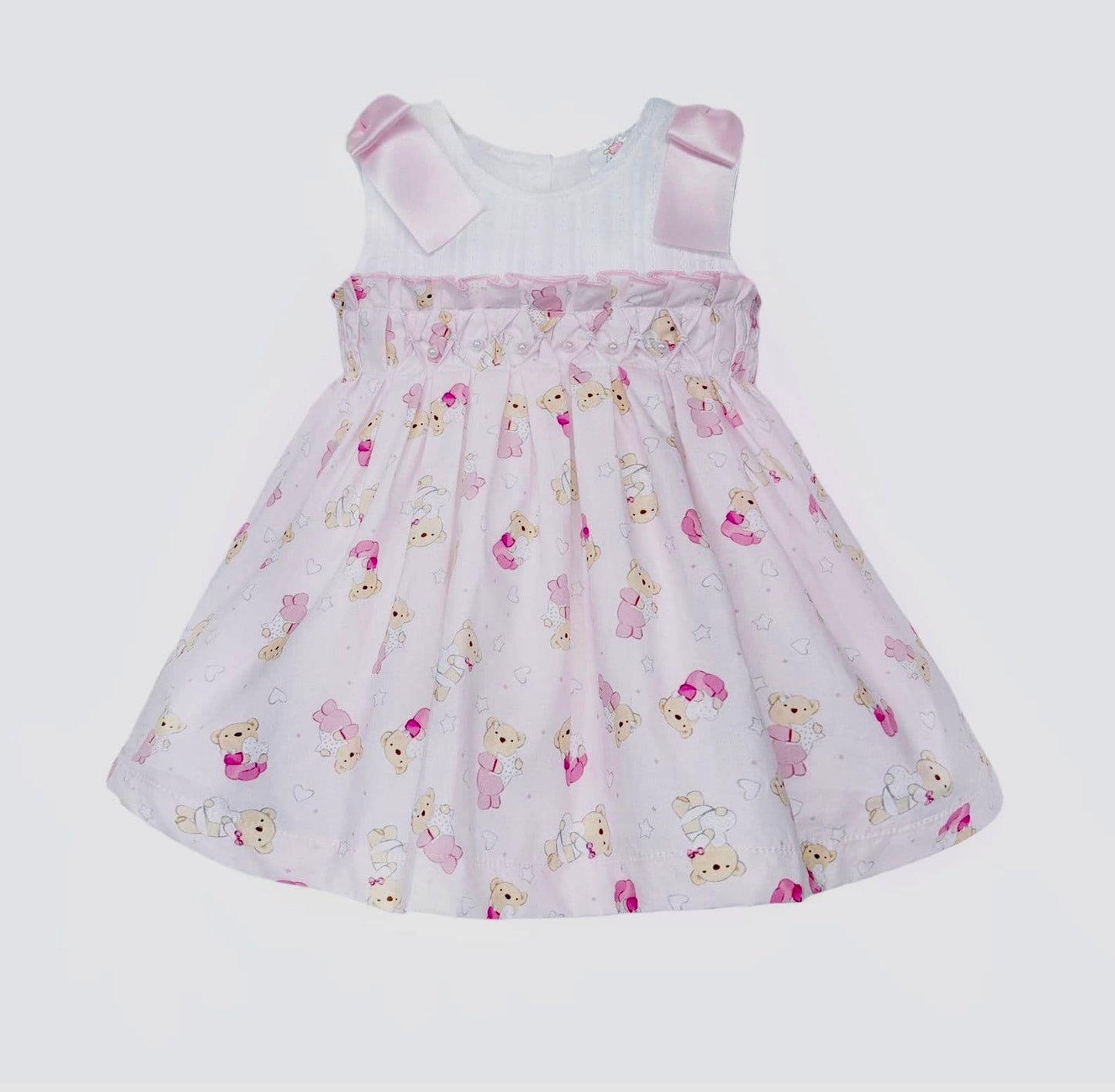 Wee Me Teddy Print Dress with Ribbon and Pearls