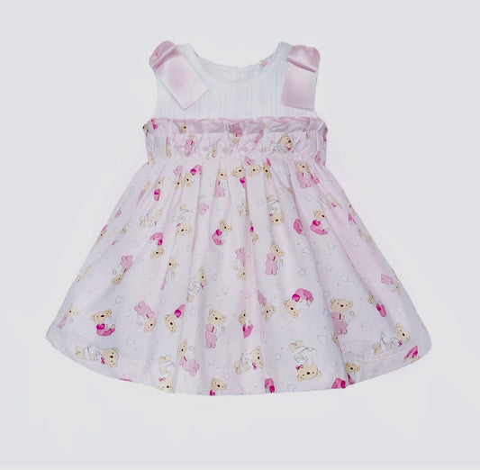 Wee Me Teddy Print Dress with Ribbon and Pearls