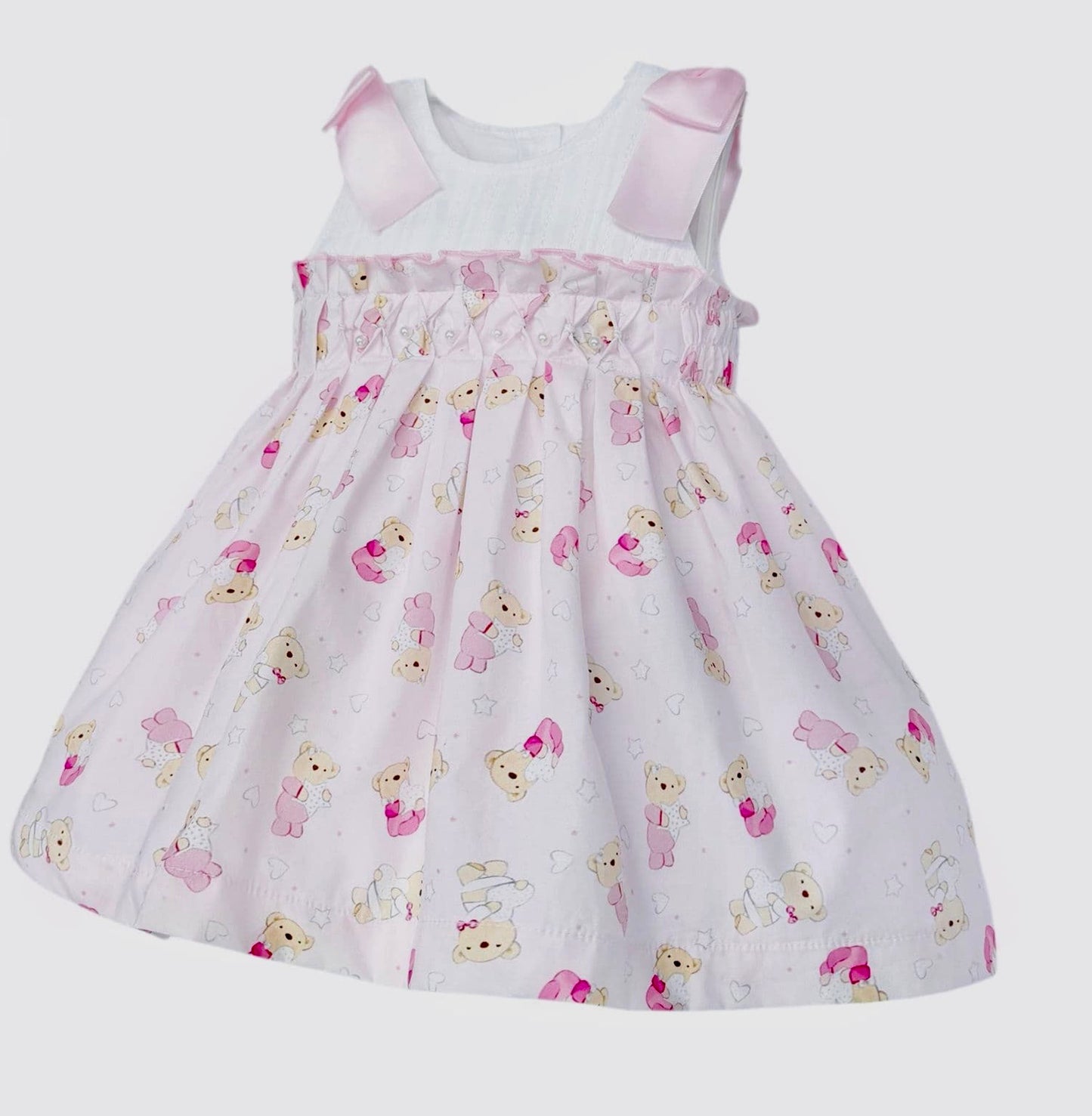 Wee Me Teddy Print Dress with Ribbon and Pearls