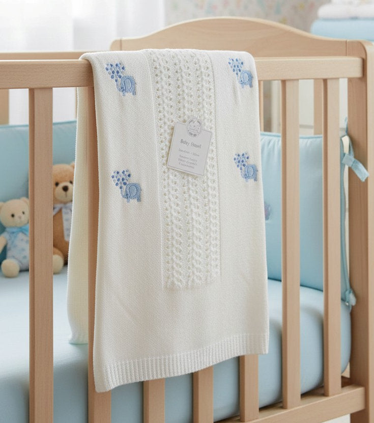 Snuggle Baby Beautiful Knitted Shawl with Embroidered Elephant’s Choose Pink or Blue