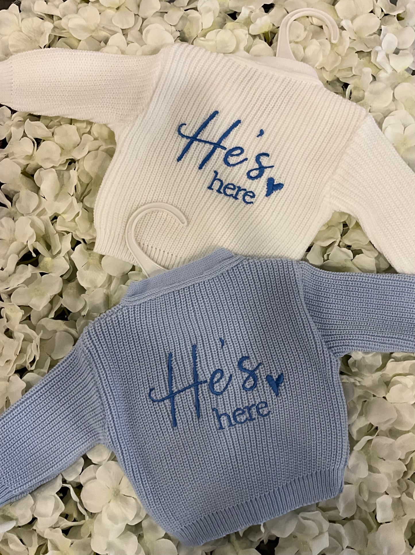 Dandelion Knitted V Neck Cardi Embroidered on Back He's Here Choose Colour