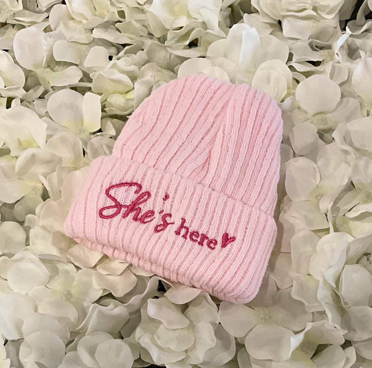 Beanie Knitted Hat Embroidered She’s Here