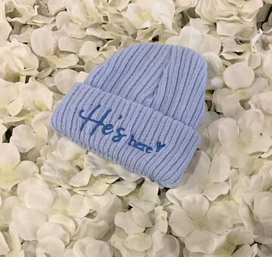 Beanie Knitted Hat Embroidered He’s Here