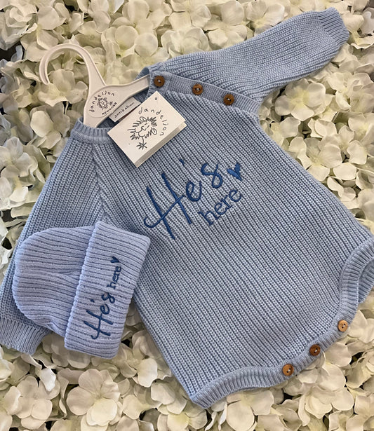 Dandelion Knitted Romper with Matching Hat He’s Here