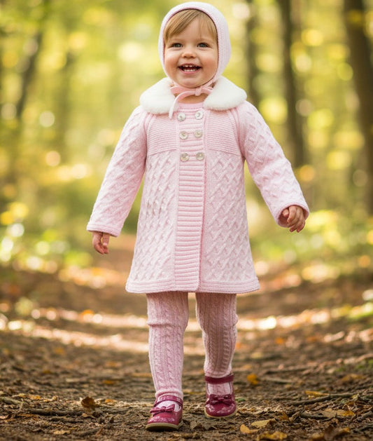 Pex Knitted Pink Matinee Spanish Style Cardigan Jacket with Matching Bonnet and Fury Collar
