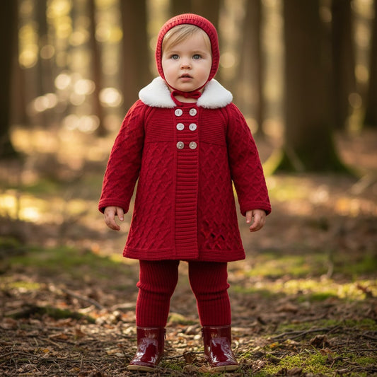 Pex Knitted Matinee Spanish Style Cardigan Jacket with Furry Collar and Bonnet to match