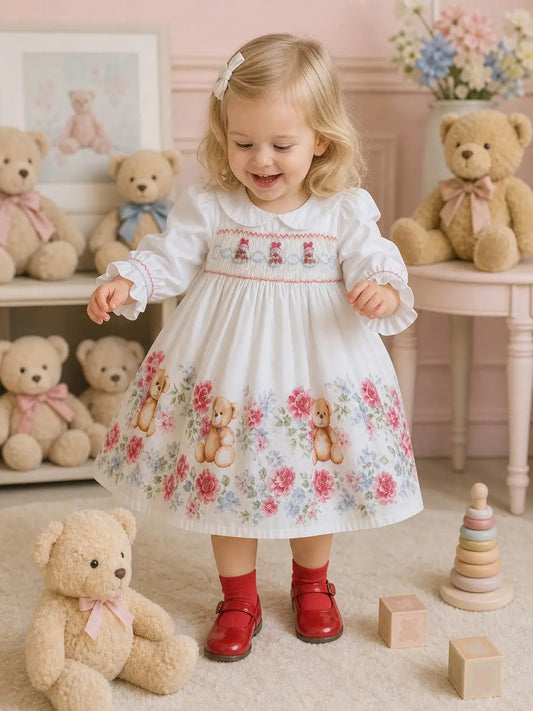 Beau Kid Beautiful Smocked Embroidered Floral Teddy Dress