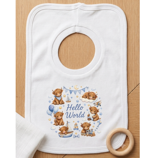 Hello World Highland Cow Printed Cotton Bib Pink or Blue